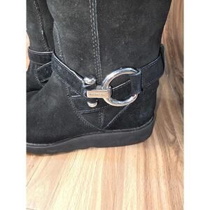 COACH Black suede Virtue mid calf, fleece lined boots with Coach logo